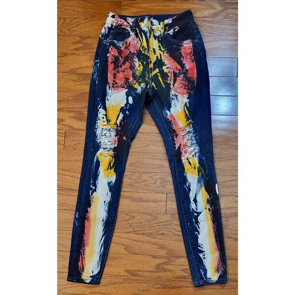 RED FOX Colorful Artsy Multi Colored Painted Neon Jeans Women Junior Size 11 - Picture 1 of 12